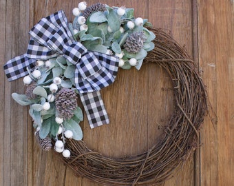 Winter Wreath, Christmas Wreath, Farmhouse Wreath, Lambs Ear Wreath, Country Wreath, Frosty Wreath, January Wreath, Buffalo Plaid, Winter