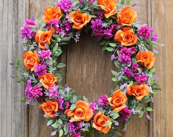 Rose Wreath, Front Door Wreath, Summer Wreath, Spring Wreath, Floral Wreath, Orange Rose Wreath, Orange Wreath, Roses, Door Decor