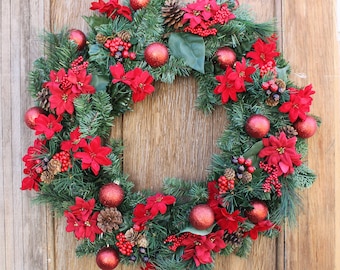 Christmas Wreath, Holiday Wreath, Poinsettia Wreath, Red Wreath, Ornament Wreath, Pine Wreath, Christmas Decor, Front Door Wreath, Holiday