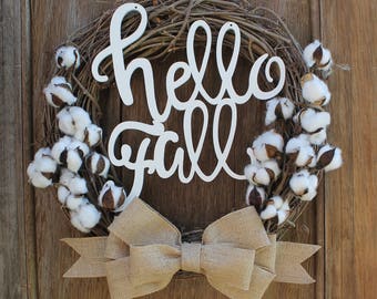 Fall Wreath, Hello Fall, Hello Fall Wreath, Cotton Wreath, Rustic Wreath, Autumn Wreath, Burlap, Cotton Decor, Front Door Wreath, Fall Door