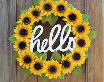 Sunflower Wreath, Summer Wreath, Summer Wreath, Hello Wreath, Sunflower Decor, Front Door Wreath, Hello Sign, Fall Wreath, Autumn Wreath