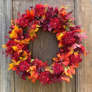 Fall Wreath, Fall Leaf Wreath, Red Leaf Wreath, Autumn Wreath, Fall Floral Wreath, Maple Leaf Wreath, Mum Wreath, Front Door Wreath