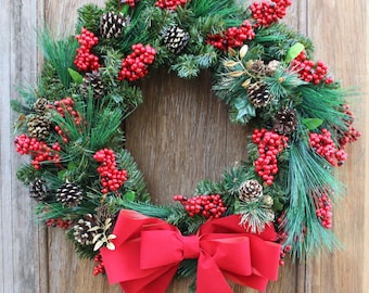 Christmas Wreath, Natural Wreath, Pine Wreath, Traditional Wreath, Red Berry Wreath, Pinecone Wreath, Long Leaf Pine, Holiday Decor