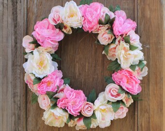 Spring Wreath, Peony Wreath, Pink Wreath, Rose Wreath, Floral Wreath, Wedding Wreath, Front Door Wreath, Housewarming, Pink Peonies, Roses