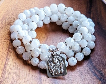 SACRED DEVOTION Hanuman Mala Necklace • Hanuman Heart Wisdom Healing Moonstone Mala Beads, Mala with Ethically-Sourced Materials