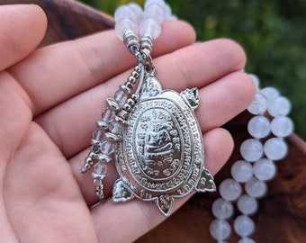 PROSPERITY & CLARITY Turtle Amulet Mala Beads Snow Quartz Mala Beads 108 Buddhist Amulet Mala Necklace Buddhist Mala Beads
