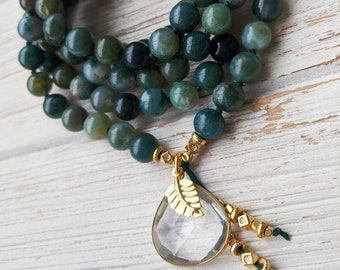 GAIA Mother Earth Mala Bead Necklace Green Agate & Quartz Mala Beads Necklace Mala Beads 108 Natural Mala Necklace