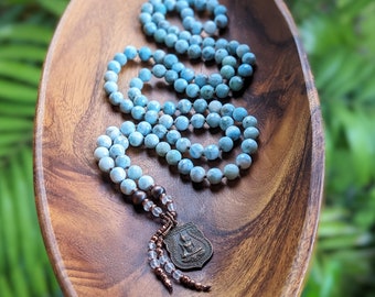 DIVINE FLOW Larimar Mala Necklace Buddha Mala Beads Genuine Larimar Buddhist Mala Beads Necklace Gemstone Mala for Meditation