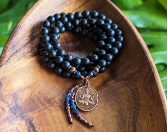 NEW BEGINNINGS Shiva & Ganesha Mala Necklace Matte Natural Black Onyx Mala Beads 108 • Ethically-Sourced Gemstone Artisan Mala Necklace