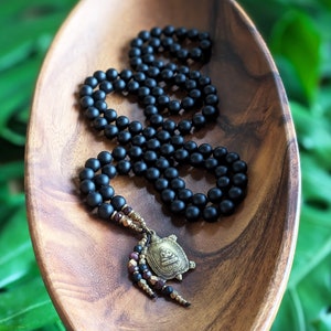 A NEW BEGINNING Buddhist Mala Necklace Matte Natural Black Onyx Mala Beads 108, Ethically-Sourced Gemstone Artisan Buddha Turtle Amulet Mala image 1