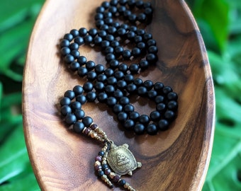 A NEW BEGINNING Buddhist Mala Necklace Matte Natural Black Onyx Mala Beads 108, Ethically-Sourced Gemstone Artisan Buddha Turtle Amulet Mala