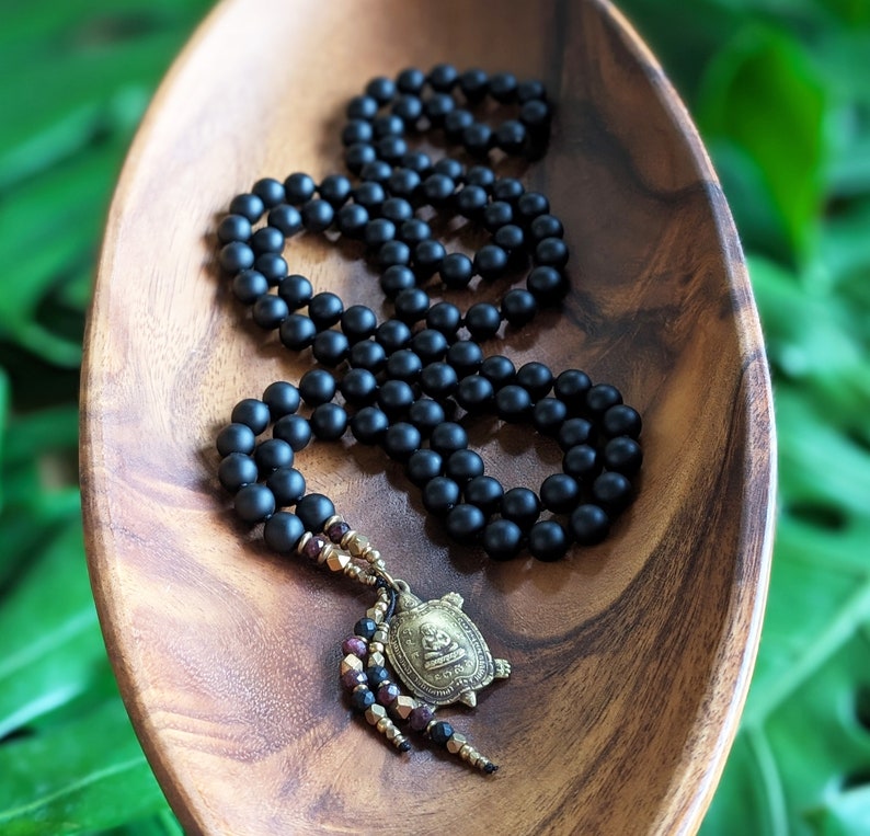 A NEW BEGINNING Buddhist Mala Necklace Matte Natural Black Onyx Mala Beads 108, Ethically-Sourced Gemstone Artisan Buddha Turtle Amulet Mala image 1