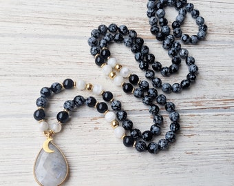 EMPATH HEALING Moon Goddess Mala Beads 108 Moonstone Mala Necklace Moon Mala Beads Black Tourmaline Mala Necklace Obsidian Mala for Empaths