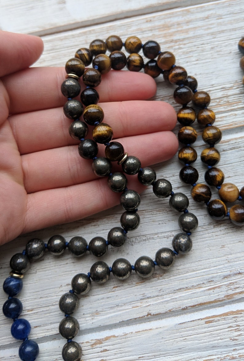 Pyrite /& Tigers Eye Mala Necklace Knotted Mala Beads 108 \u2022 Mala For Creativity \u2022 Unisex Mens Mala Beads CREATIVE EXPRESSION Mala Sodalite
