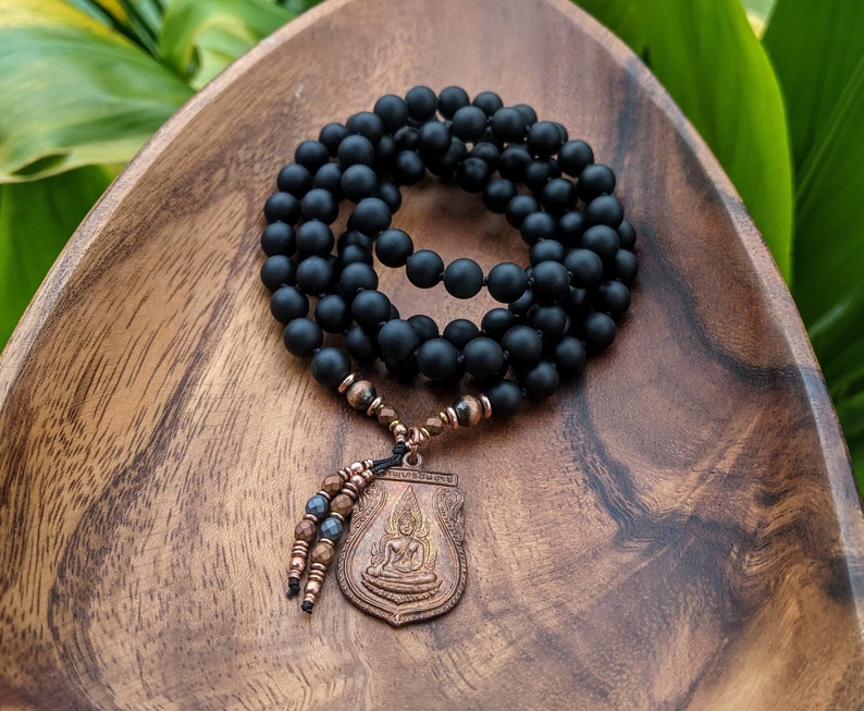 A NEW BEGINNING Buddhist Mala Necklace Matte Natural Black Onyx Mala Beads 108 Ethically-Sourced Gemstone Artisan Buddha Mala Necklace image 1