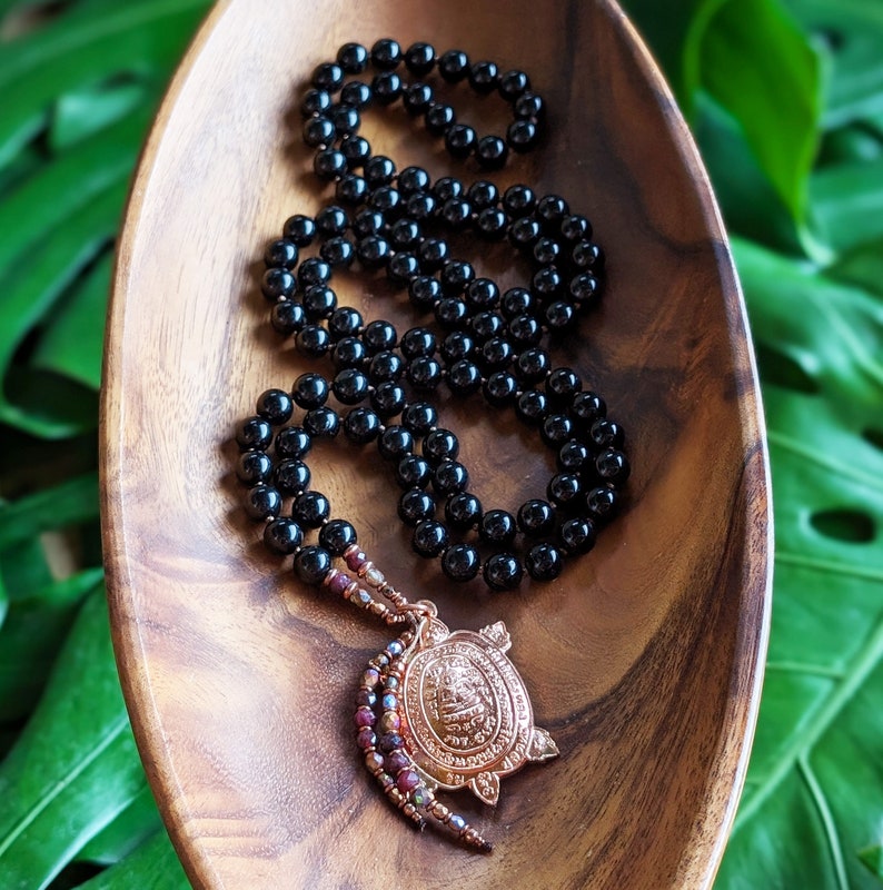 TRANSMUTE & PROTECT Pure Black Tourmaline Mala Beads Buddhist Turtle Amulet Mala Necklace Tourmaline Buddha Mala Beads 108 Meditation Gift image 3