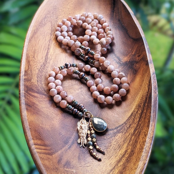 LIGHT OF PROTECTION Archangel Michael Mala Necklace • Peach Moonstone Mala Beads with Pyrite Accents, Mala with Ethically-Sourced Materials