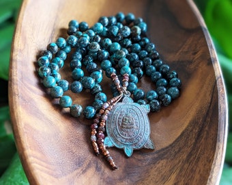 PROTECTION & RENEWAL Mala Natural Turquoise Mala Beads 108 Buddha Mala Necklace Buddhist Turtle Prosperity Amulet Necklace Meditation Gift