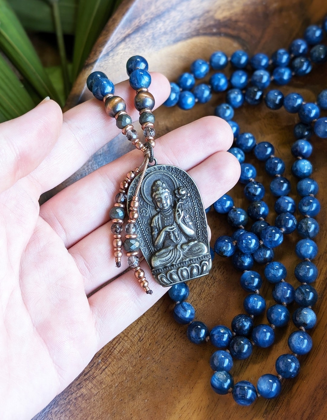SACRED SERENITY Kuan Yin Guan Yin Mala Necklace Blue Kyanite Mala, Quan
