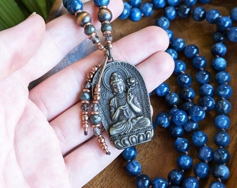 SACRED SERENITY Kuan Yin Guan Yin Mala Necklace Blue Kyanite Mala, Quan Yin Mala Pendant Necklace, Buddhist Gemstone Mala Beads 108