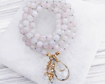 UNCONDITIONAL LOVE Moon Goddess Mala Rose Quartz Mala Beads w/Moonstone + Himalayan Quartz Celestial Jewelry Moon Heart Chakra Mala Necklace