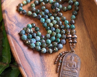 HEART OF TRUTH Ruby & Kyanite in Fuchsite Mala Necklace, Buddhist Mala Beads 108 Ethically Sourced Gemstone Meditation Mala Necklace