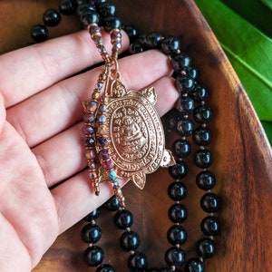 TRANSMUTE & PROTECT Pure Black Tourmaline Mala Beads Buddhist Turtle Amulet Mala Necklace Tourmaline Buddha Mala Beads 108 Meditation Gift image 1