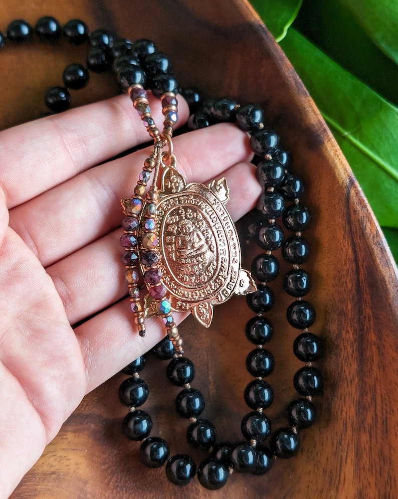 TRANSMUTE & PROTECT Pure Black Tourmaline Mala Beads Buddhist Turtle Amulet Mala Necklace Tourmaline Buddha Mala Beads 108 Meditation Gift image 1