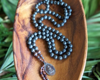 DIVINE ABUNDANCE Natural Gemstone Mala Beads 108 Pyrite Thai Buddha Mala Necklace with Ethically-Sourced Gemstones