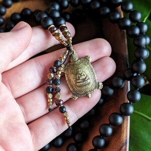 A NEW BEGINNING Buddhist Mala Necklace Matte Natural Black Onyx Mala Beads 108, Ethically-Sourced Gemstone Artisan Buddha Turtle Amulet Mala image 3