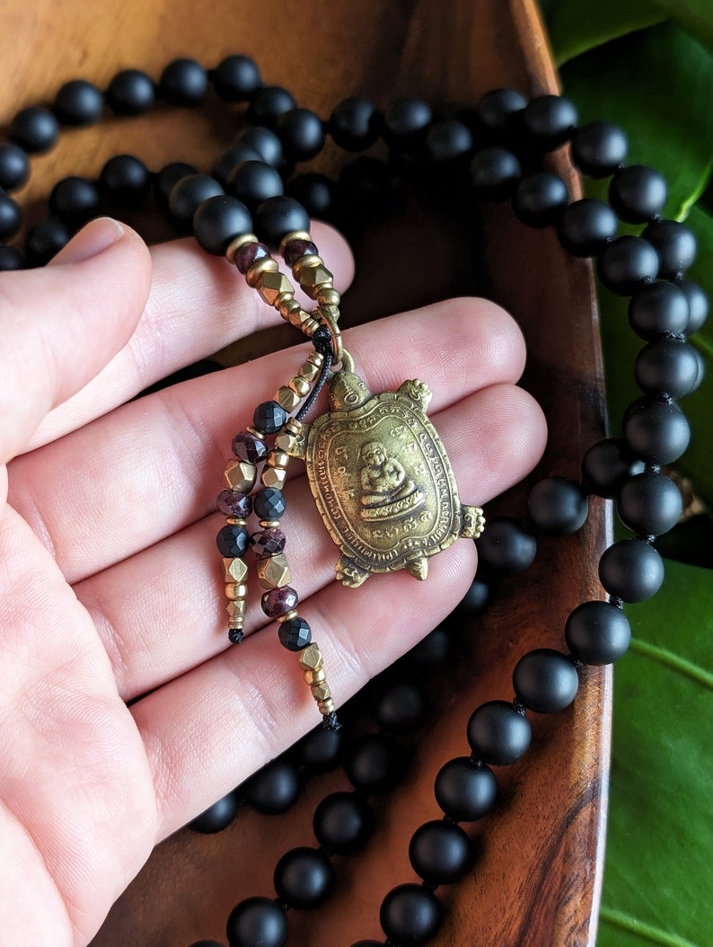 A NEW BEGINNING Buddhist Mala Necklace Matte Natural Black Onyx Mala Beads 108, Ethically-Sourced Gemstone Artisan Buddha Turtle Amulet Mala image 3