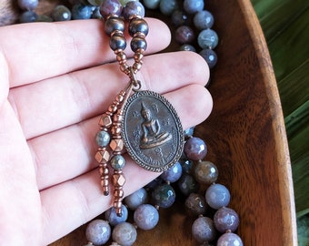 ABUNDANCE & HEALING Natural Agate Mala Necklace, Indian Agate Mala Meditation Necklace 108 Bead Buddhist Mala Vintage Buddhist Amulet Mala