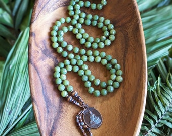 SACRED ABUNDANCE Jade Mala Beads 108 Buddha Mala Necklace Natural Jade Mala Buddhist Amulet Necklace, Ethical Mala Beads Meditation Gift