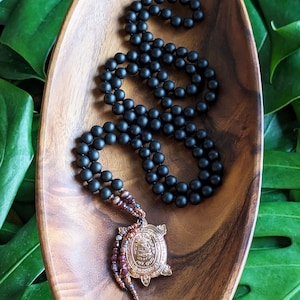 A NEW BEGINNING Black Onyx Natural Gemstone Buddha Mala Beads 108 Buddhist Turtle Prosperity Amulet Artisan Mala Necklace, Meditation Gift