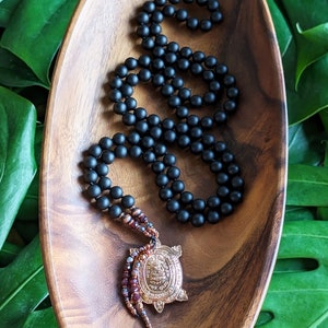 A NEW BEGINNING Black Onyx Natural Gemstone Buddha Mala Beads 108 Buddhist Turtle Prosperity Amulet Artisan Mala Necklace, Meditation Gift