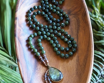 TRUE ABUNDANCE Jade & Labradorite Mala Beads 108 Genuine Jade Mala Necklace Moon Mala Beads Mala Necklace Artisan Knotted Mala Beads