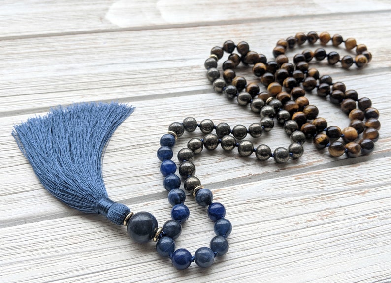 Pyrite /& Tigers Eye Mala Necklace Knotted Mala Beads 108 \u2022 Mala For Creativity \u2022 Unisex Mens Mala Beads CREATIVE EXPRESSION Mala Sodalite