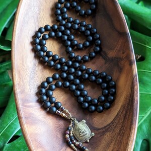 A NEW BEGINNING Buddhist Mala Necklace Matte Natural Black Onyx Mala Beads 108, Ethically-Sourced Gemstone Artisan Buddha Turtle Amulet Mala image 5