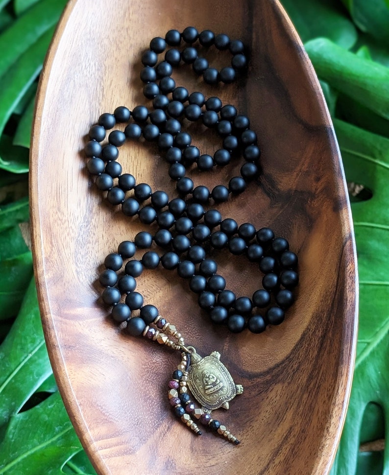 A NEW BEGINNING Buddhist Mala Necklace Matte Natural Black Onyx Mala Beads 108, Ethically-Sourced Gemstone Artisan Buddha Turtle Amulet Mala image 5