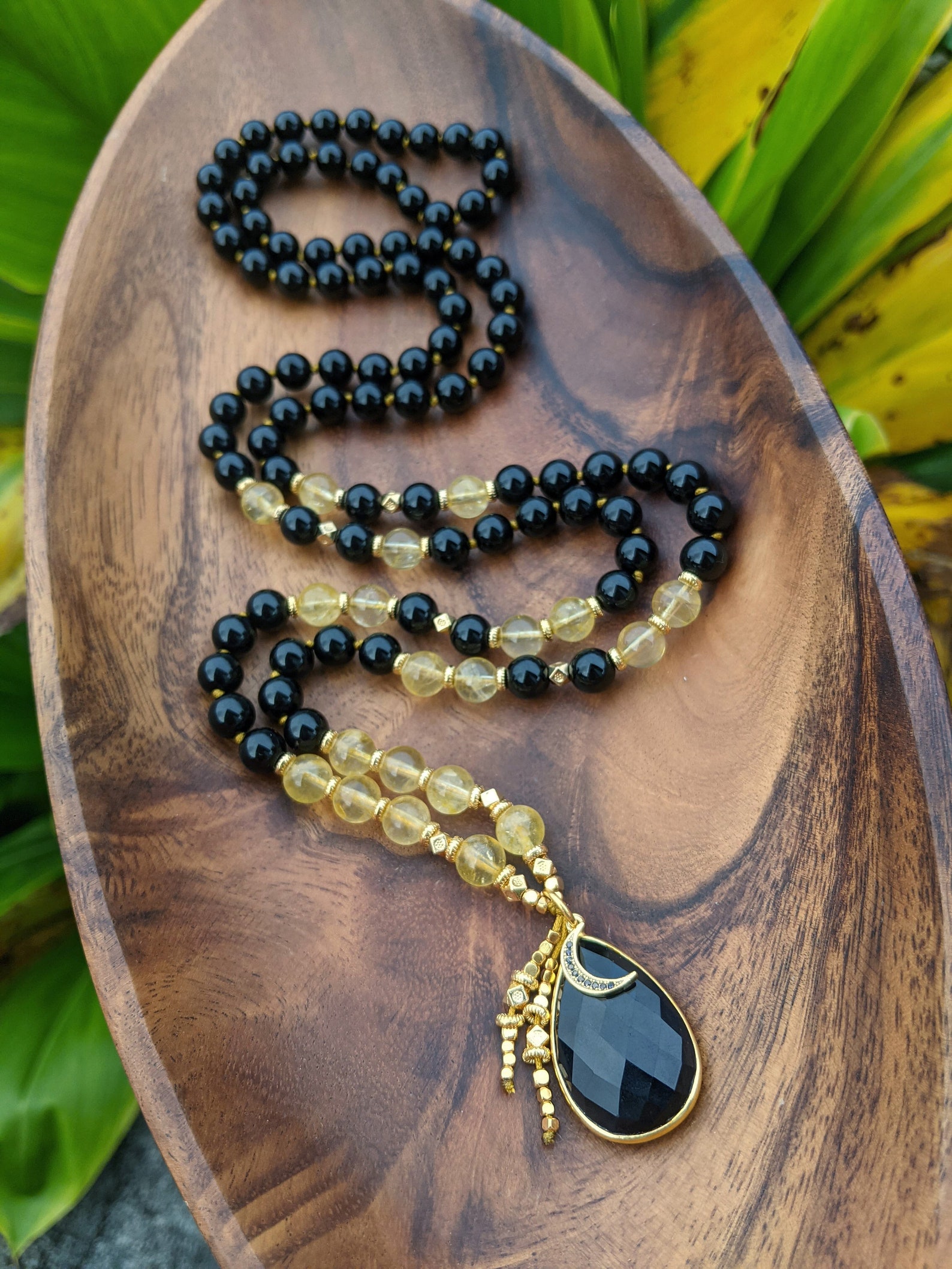 COSMIC CLEANSE Moon Goddess Mala Beads Natural Black Onyx