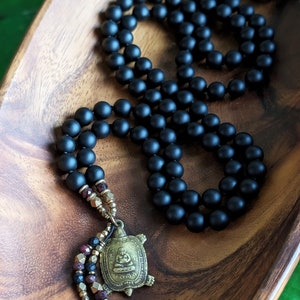 A NEW BEGINNING Buddhist Mala Necklace Matte Natural Black Onyx Mala Beads 108, Ethically-Sourced Gemstone Artisan Buddha Turtle Amulet Mala image 2
