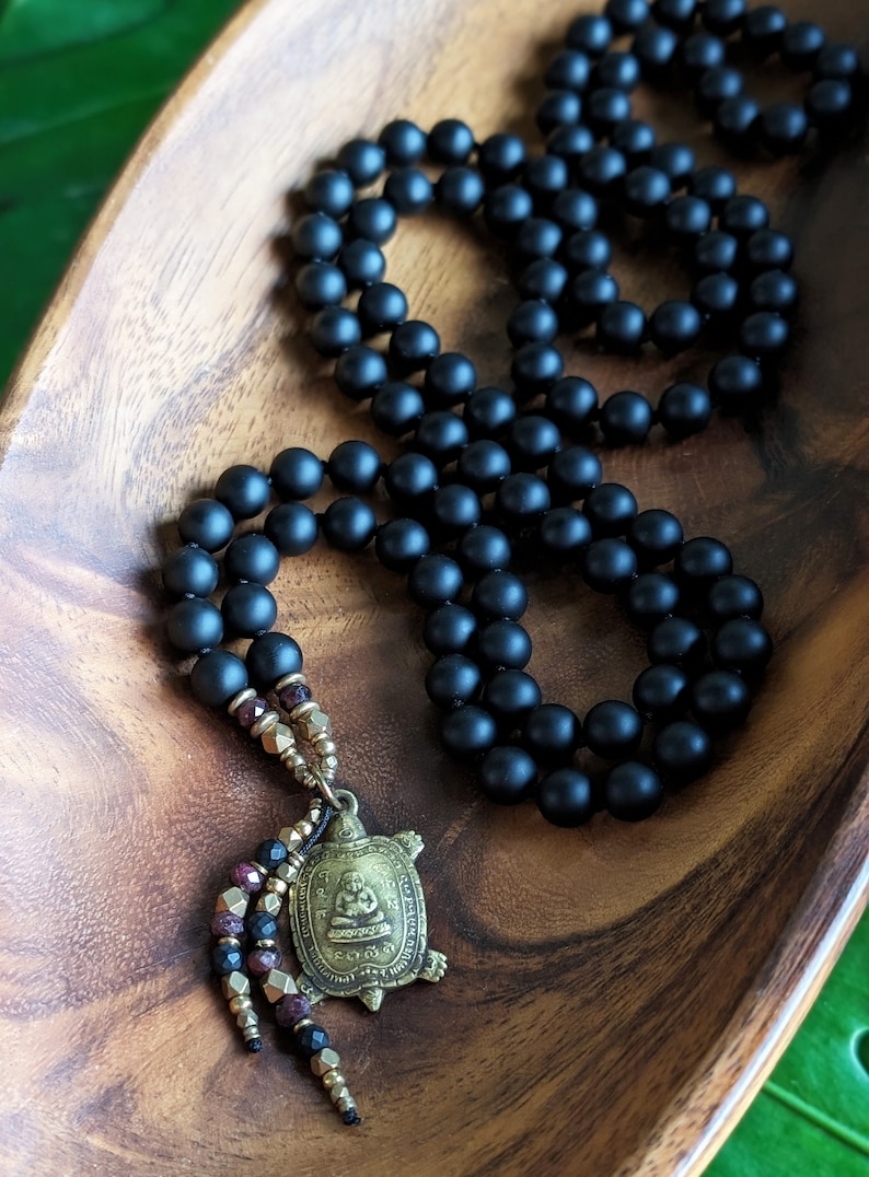 A NEW BEGINNING Buddhist Mala Necklace Matte Natural Black Onyx Mala Beads 108, Ethically-Sourced Gemstone Artisan Buddha Turtle Amulet Mala image 2