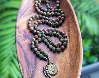 HEART OF COURAGE Unakite Mala Beads 108 Mala Necklace Unakite Jasper Mala, Ethically Sourced Gemstone Buddhist Meditation Necklace