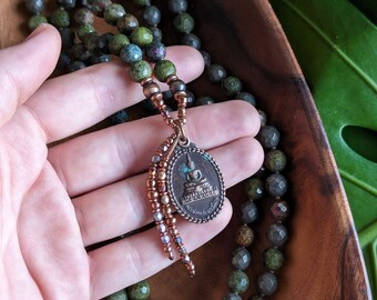 HEART AWAKENING Mala Natural Epidote, Pyrite, + Ruby & Kyanite in Fuchsite Mala Beads 108 Buddhist Buddha Mala Necklace for Meditation