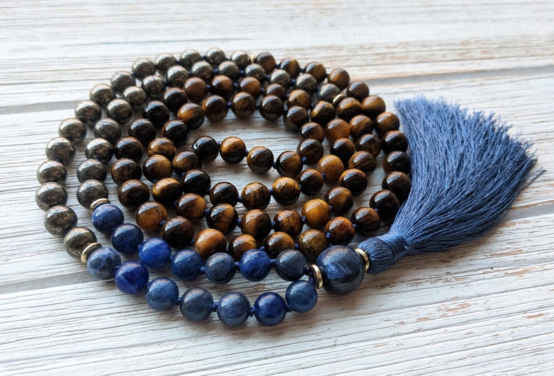Pyrite /& Tigers Eye Mala Necklace Knotted Mala Beads 108 \u2022 Mala For Creativity \u2022 Unisex Mens Mala Beads CREATIVE EXPRESSION Mala Sodalite
