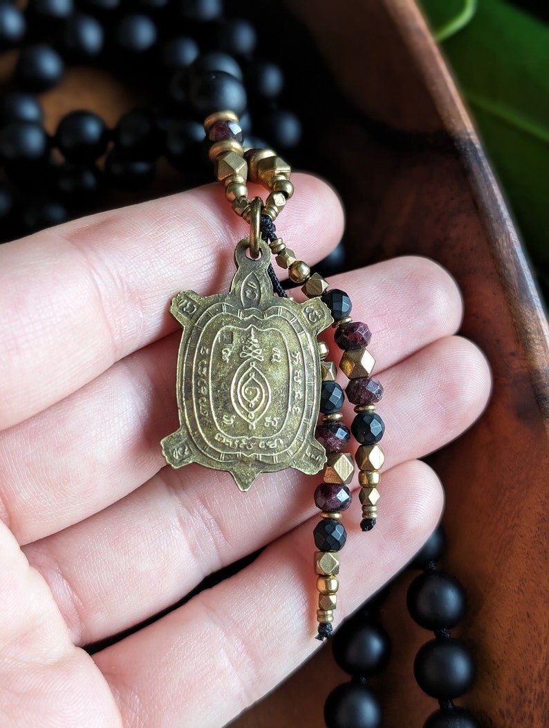 A NEW BEGINNING Buddhist Mala Necklace Matte Natural Black Onyx Mala Beads 108, Ethically-Sourced Gemstone Artisan Buddha Turtle Amulet Mala image 4
