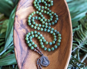 SACRED ABUNDANCE Natural Jade Mala Beads 108 Buddha Mala Necklace Natural Gemstone Jade Mala Buddhist Amulet Necklace, Meditation Gift