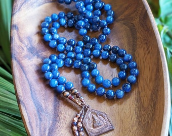 SACRED SERENITY Blue Kyanite Mala Necklace, Buddha Mala Pendant Necklace, Buddhist Prayer Beads 108 Bead Mala w/ Ethically Sourced Gemstones