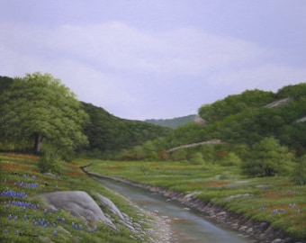 May include: A painting of a landscape with a winding river flowing through a valley. The river is surrounded by lush green trees and foliage. The sky is a light blue with some clouds.