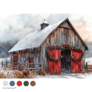 May include: Watercolor painting of a weathered barn in a snowy landscape. The barn has red doors adorned with Christmas wreaths. Snow covers the roof and ground, with a wooden fence in the foreground. The overall theme is a winter holiday scene.